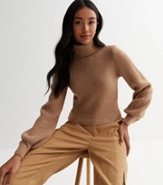 New Look Camel Chunky Knit Roll Neck Crop Jumper